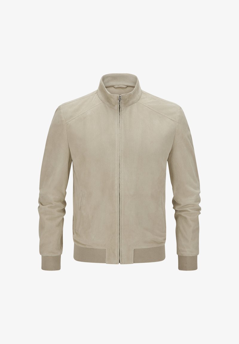 Beige Wildlederjacke mit Reißverschluss, Stehkragen, gerippten Bündchen und Saum, mit einem strukturierten Muster für zusätzliche Details.