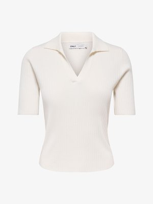 Biała prążkowana koszulka polo z krótkim rękawem, głębokim dekoltem w serek i miękkim kołnierzem, wyróżniająca się dopasowanym krojem i teksturowaną dzianiną.