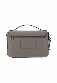 Grey textured leather handbag with a flat design, a short handle, gold hardware accents, and a front zip pocket.