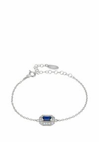 Hopeaketju, jossa on sininen suorakaiteen muotoinen kivi keskellä, ympärillä pieniä kirkaita kiviä oktagonimuotoisessa asettelussa.