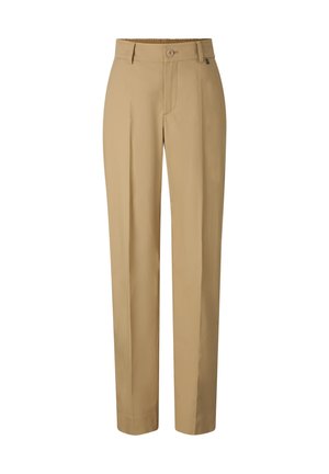 Beige Hose mit geradem Bein, Knopf- und Reißverschluss, Gürtelschlaufen und einer eleganten Bügelfalte an der Vorderseite jedes Beins.