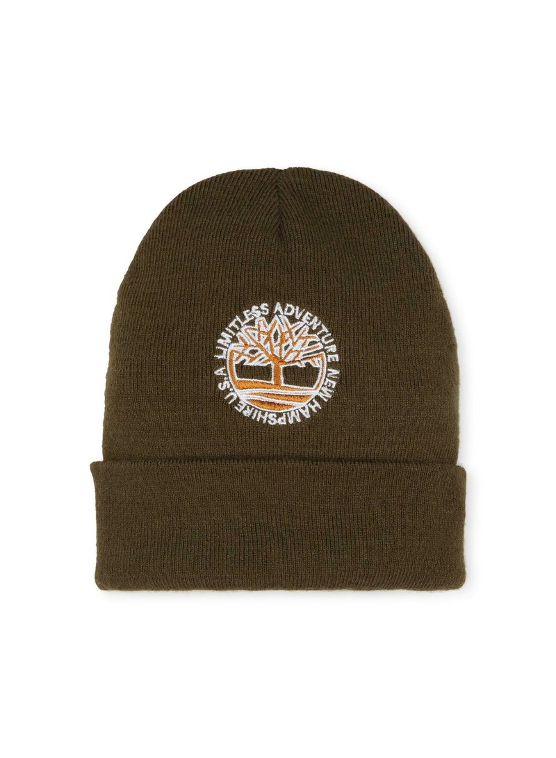 Beanie a maglia verde oliva con risvolto e logo ricamato circolare che presenta un design ad albero con testo in bianco e arancione.