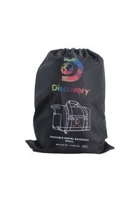 Zaino duffel pieghevole nero con logo colorato "Discovery". Realizzato in PET riciclato, presenta una chiusura con cordino e elementi di design stampati.