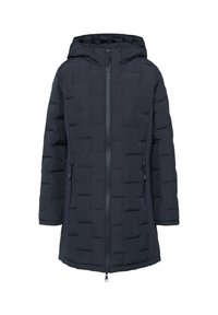 Gewatteerde donkerblauwe jas met een capuchon, voorzien van een rits aan de voorkant, twee zijzakken en een gestructureerd vierkant patroon over de stof.