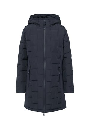 Gestepptem dunkelblauem Mantel mit Kapuze, ausgestattet mit einem Vorderreißverschluss, zwei seitlichen Taschen und einem strukturierten Quadratmuster über dem Stoff.