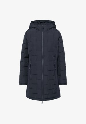 Manteau rembourré bleu marine avec capuche, doté d'une fermeture éclair à l'avant, de deux poches latérales et d'un motif en carrés texturé sur le tissu.