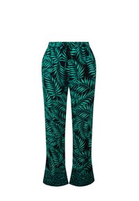 Lätta svarta byxor med ett mönster av gröna blad, med ett elastiskt midjeband och dragsko. Utsvängd fåll med en texturerad detalj.