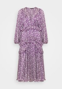 Robe manches longues à fleurs violettes, fabriquée en tissu léger et transparent, avec un col en V, des volants et de subtils motifs de fleurs blanches.