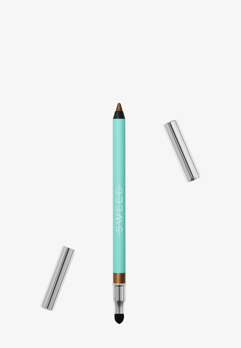 Un crayon à maquillage turquoise avec un accent bronze, présentant une pointe noire et des caps argentés de chaque côté. Texture lisse, design pointu.