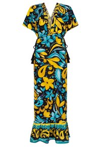 Maxikleid aus leichtem Material. Mit schwarzem Hintergrund und leuchtenden gelben und türkisfarbenen Blumenmustern, tiefem V-Ausschnitt und gerafftem Taillendetail.