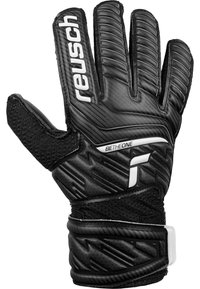 Gants de gardien de but noirs avec un latex texturé pour l'adhérence, des accents en silicone et une sangle de poignet ajustée. Design sportif avec une base en mesh respirant.