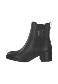Bottines en cuir noir avec un panneau élastique sur le côté, bout arrondi et une accentuation de boucle en métal argenté sur le côté extérieur. Design à talon carré.