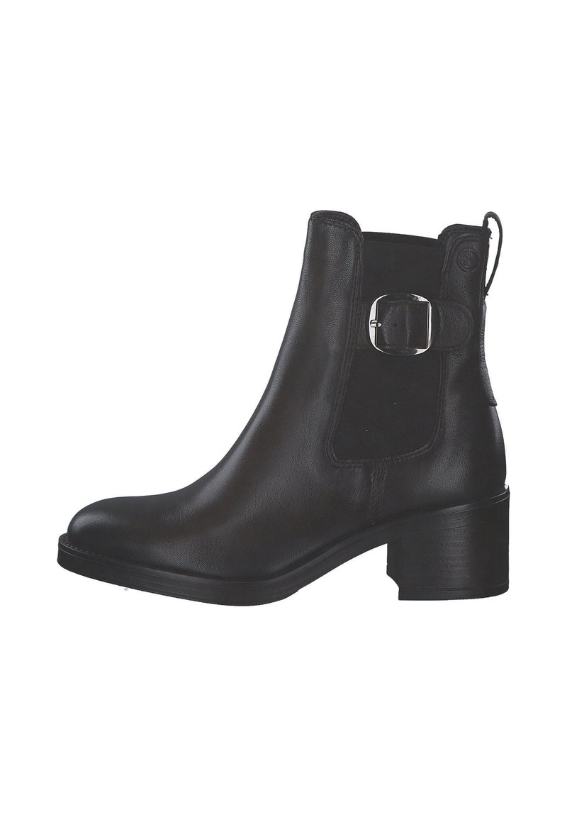 Bottines en cuir noir avec un panneau élastique sur le côté, bout arrondi et une accentuation de boucle en métal argenté sur le côté extérieur. Design à talon carré.