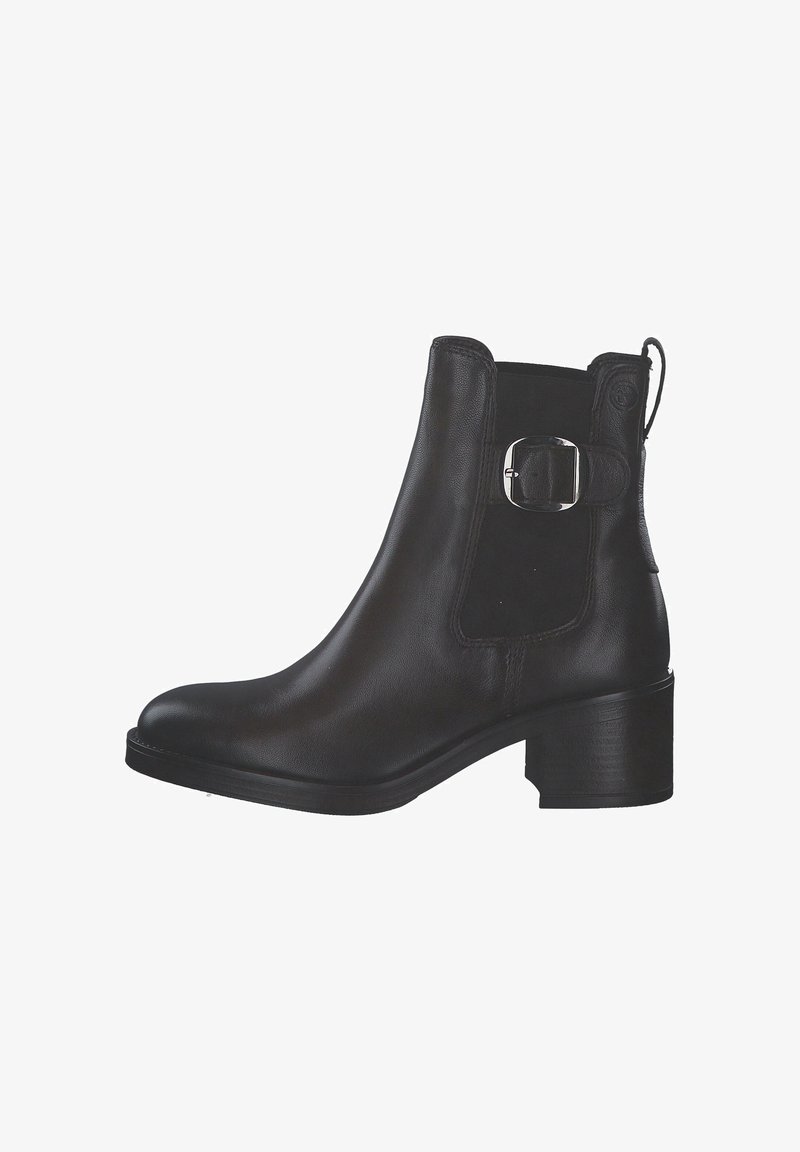 Bottines en cuir noir avec un panneau élastique sur le côté, bout arrondi et une accentuation de boucle en métal argenté sur le côté extérieur. Design à talon carré.