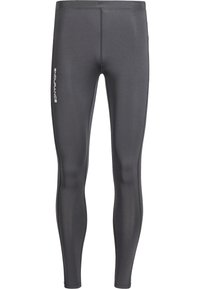 Grå atletiska leggings gjorda av elastisk, slät tyg. Har hög midja och en logotyp tryckt p å vänster sida.