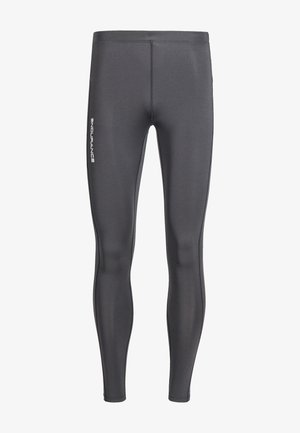 Gray athletic leggings made of stretchy, smooth fabric. Features a high waist and a logo printed on the left side.