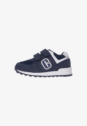 Navy blue children's sneaker with mesh and suede materials, double hook-and-loop straps, white accents, and textured rubber sole.