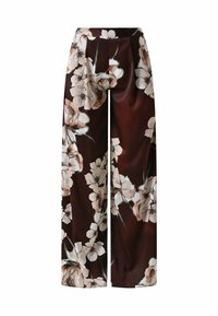 Pantaloni a gamba larga in tessuto marrone scuro, con stampa floreale in tonalità rosa tenue e bianco, dalla texture liscia e lucida.