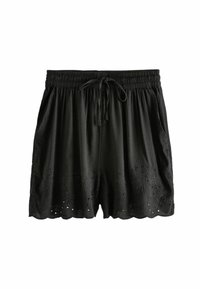 Sorte shorts lavet af letvægtsstof, med elastisk talje og snor, broderede detaljer og bølget kant.