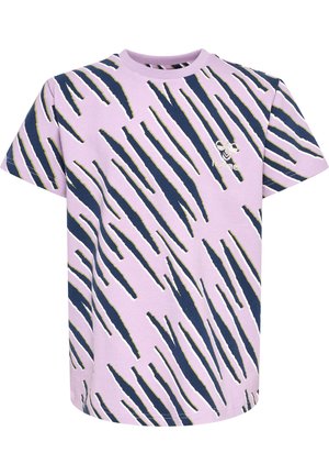 T-shirt en coton violet avec un motif graphique de lignes rayées bleu marine et blanches, doté d'un petit logo brodé à l'avant.