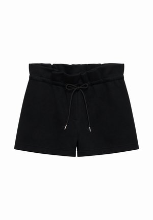 Pantaloncini neri in cotone con vita alta arricciata e coulisse regolabile, mostrati su uno sfondo bianco.