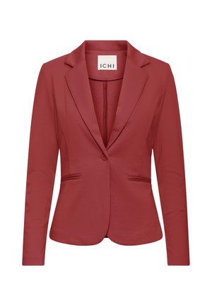 Egysoros, eg gombos női blézer tompa vörös színben, széles hajtókával és két elülső paszpólos zsebbel.