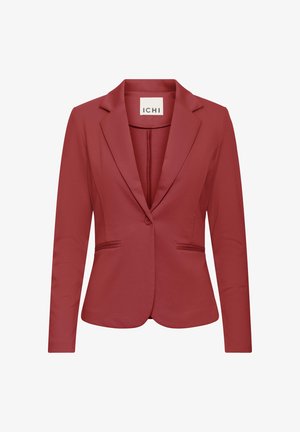 Egysoros, eg gombos női blézer tompa vörös színben, széles hajtókával és két elülső paszpólos zsebbel.