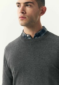 Suéter gris con cuello redondo, de textura de tricot fino. Lleva puesto sobre una camisa de cuadros azul y blanco, que presenta un tejido suave y un detalle en el cuello.