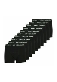 Ti sorte mænds boxershorts arrangeret diagonalt, hver med en sort elastik med hvid tekst "JACK & JONES".