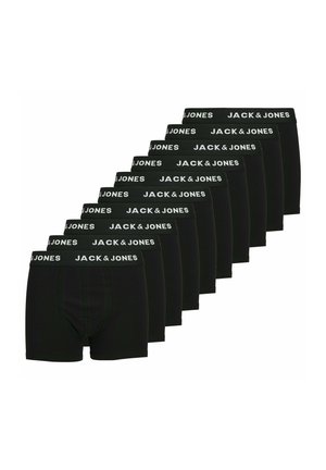 Tien zwarte herenboxershorts diagonaal gerangschikt, elk met een zwarte tailleband waarop de witte tekst "JACK & JONES" staat.