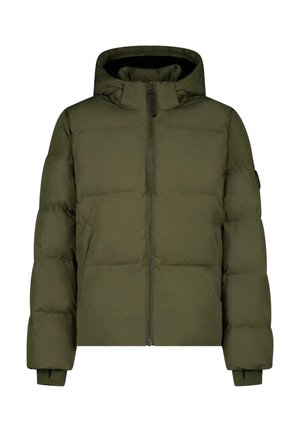 Olijfgroene gewatteerde winterjas met capuchon, ritssluiting aan de voorkant, zijzakken en verstelbare manchetten aan de lange mouwen.