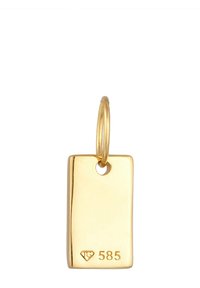 Pendentif rectangulaire en or avec une finition polie, comportant une boucle supérieure pour la suspension et un poinçon gravé "585" sur la surface.