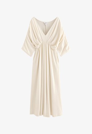 Cremefarbenes, langes Kleid mit V-Ausschnitt, geraffter Brust, lockeren Fledermausärmeln und fließendem plissiertem Rock.