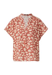 Kurzarmbluse in Korallenfarbe mit cremefarbenem Tierdruck, mit V-Ausschnitt und strukturierter Stoffqualität für einen leichten, lässigen Look.