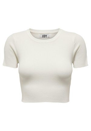 White, ribbed cotton crop top with short sleeves and a round neckline, featuring a fitted design for a streamlined silhouette.