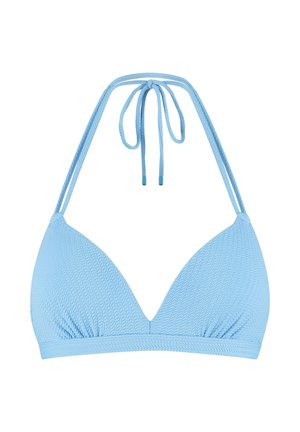 Hellblaues, strukturiertes Stoff-Halterneck-Bikinioberteil mit dreieckigen Cups und dünnen Trägern, die am Hals gebunden werden, sowie einem Band unter der Brust.