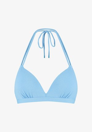 Hellblaues, strukturiertes Stoff-Halterneck-Bikinioberteil mit dreieckigen Cups und dünnen Trägern, die am Hals gebunden werden, sowie einem Band unter der Brust.