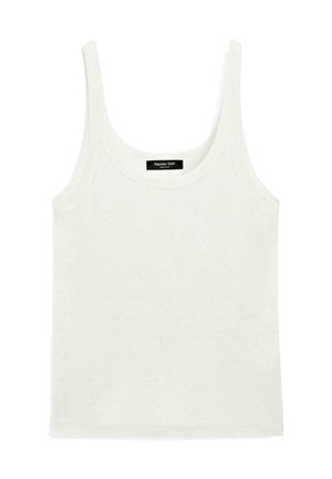 Weißes ärmelloses Tanktop mit rundem Ausschnitt und schwarzem Massimo Dutti-Label im Innenkragen.