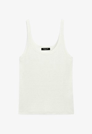 Weißes ärmelloses Tanktop mit rundem Ausschnitt und schwarzem Massimo Dutti-Label im Innenkragen.