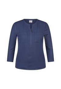 Marineblaue Bluse mit V-Ausschnitt, zwei Brusttaschen und Dreiviertelärmeln. Glatte Textur, taillierter Schnitt, subtile Glanzdetails am Ausschnitt.