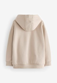 Sudadera beige de corte relajado, con capucha ajustable, puños y dobladillo acanalados. Tejido suave con una textura lisa, diseño minimalista.