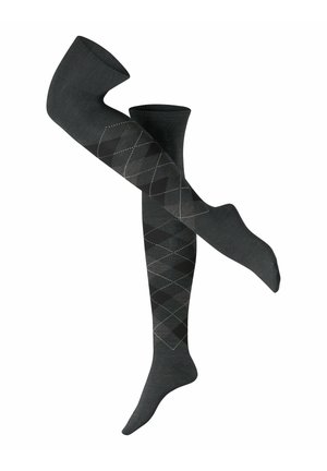 Kniestrümpfe in Grau mit glatter Textur, die ein Rautenmuster in Schwarz und Hellgrau aufweisen, akzentuiert mit feinen weißen Nähten.