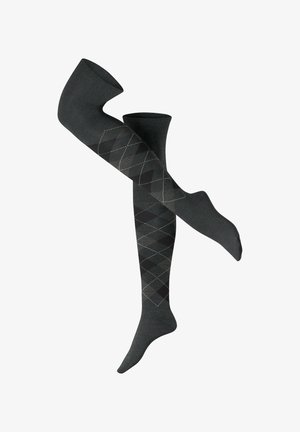 Kniestrümpfe in Grau mit glatter Textur, die ein Rautenmuster in Schwarz und Hellgrau aufweisen, akzentuiert mit feinen weißen Nähten.