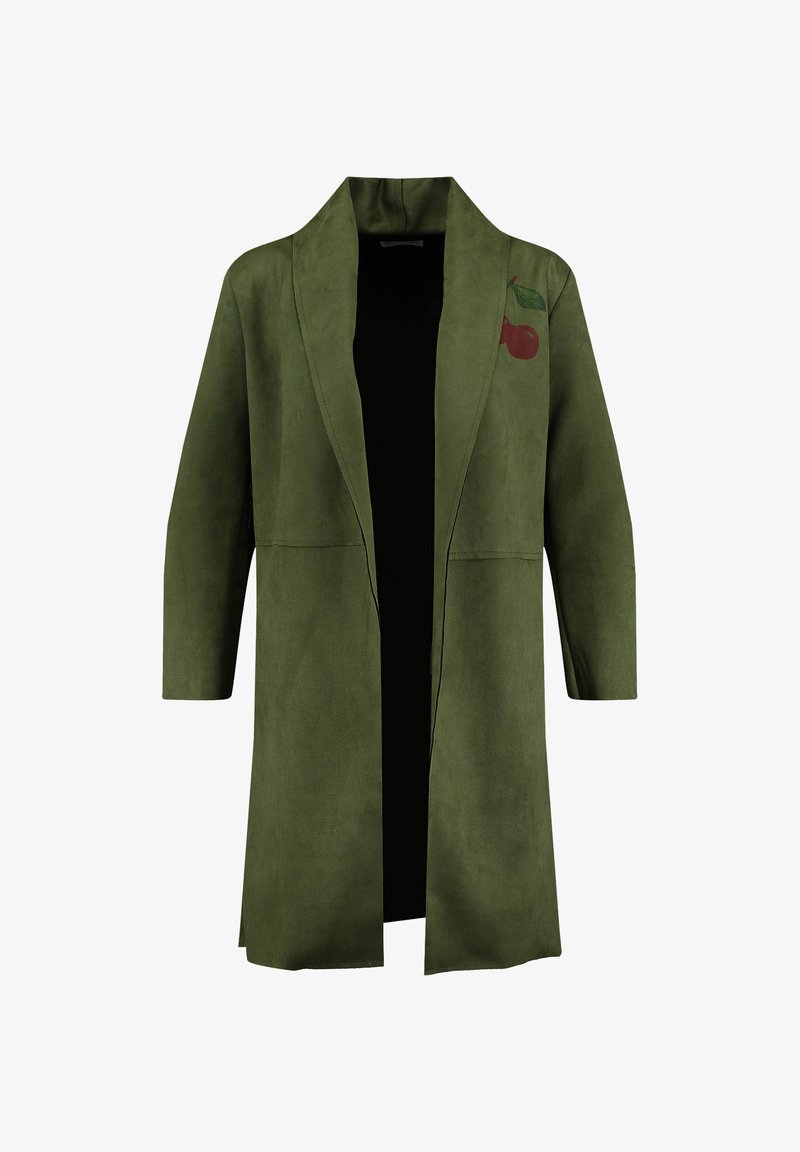 Cappotto verde oliva a maniche lunghe con silhouette tailored, realizzato in materiale morbido, con un design di ciliegie sul lato sinistro.