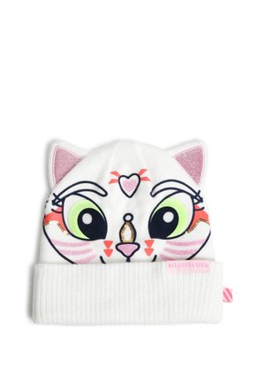 Bonnet en tricot blanc avec bord replié, présentant un visage de chat de dessin animé coloré avec de grands yeux verts, des oreilles roses et des accents décoratifs.