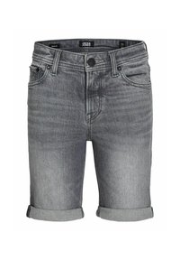 Grå denimshorts med uppvikt fåll, fem fickor och knappslutning. Materialet har en subtil textur och ljus blekning för ett slitet utseende.