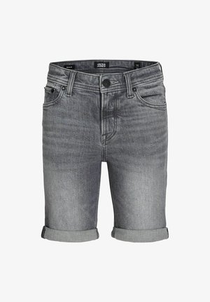 Shorts de mezclilla gris con dobladillo enrollado, cinco bolsillos y cierre de botón. El material presenta una textura sutil y un ligero desgaste para un aspecto envejecido.