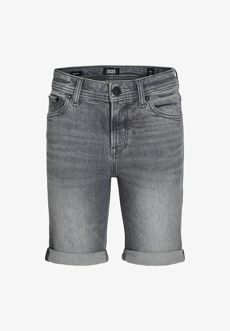 Pelēkie džinsi šorti ar rullētu mala, piecu kabatu dizains un pogu aizdari. Materiāls rādina smalku tekstūru un vieglu izbalēšanu, lai radītu valkātu izskatu.