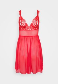 Chemise de nuit rouge transparente avec un haut en dentelle, des bretelles ajustables et une jupe évasée. Présente un décolleté en V et une taille élastique pour un design ajusté.