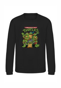 Sort sweatshirt med et farverigt grafik af Teenage Mutant Ninja Turtles. Designet inkluderer fire figurer med forskellige farvede masker og accenter.